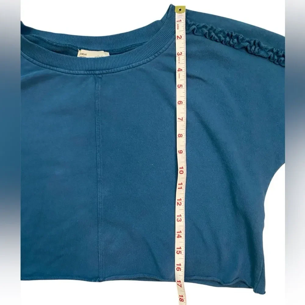 Saturday Sunday by Anthropologie Teal Corrie Crop Ruffle Sleeve Sweatshirt